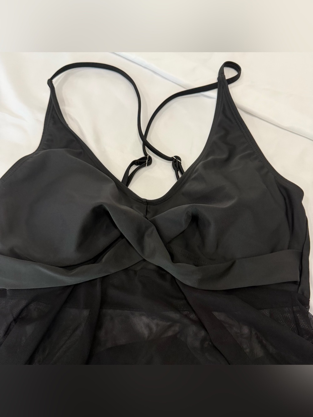 Women's Black One-Piece Swimsuit with Mesh Detail Crisscross Back Sz L 2 Pcs